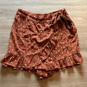 American Eagle Outfitters Brown and White Ruffled Wrap Mini Skirt